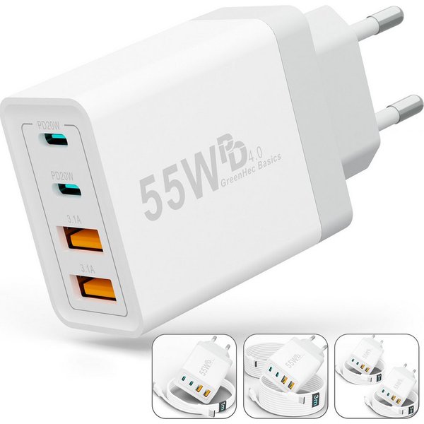 GreenHec Ladegerät USB-C iPhone mehrfach Charger Handy Stecker Adapter Netzteil Schnelllade-Gerät (0,00 mA, set, 55w Quatro Charger, iPhone 17 16 15 14 13 12 iP