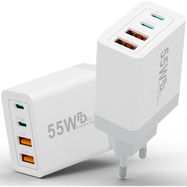 GreenHec Ladegerät USB-C iPhone mehrfach Charger Handy Stecker Adapter Netzteil Schnelllade-Gerät (0,00 mA, set, 55w Quatro Charger, iPhone 17 16 15 14 13 12 iP