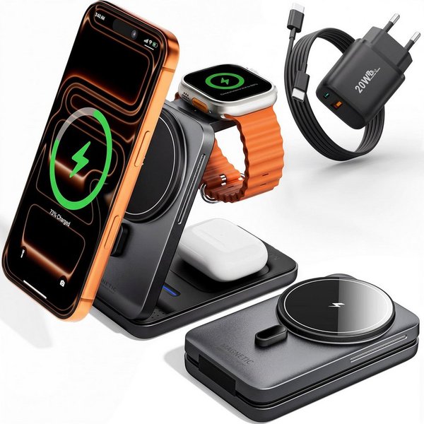 GreenHec Ladestation 3in1 MagSafe iPhone Apple Watch Ladegerät Faltbar Wireless Charger (0 mA, Spar-Set, Wireless Charging Station + Kabel, 15W, Handy Charging 