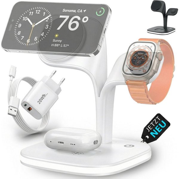 GreenHec Ladestation 3in1 MagSafe Ladegerät Kabellos Induktiv Charger Stand Wireless Charger (3 mA, Spar-Set, 3in1 PowerBase + USB-C Kabel + 20w Dual Charger, i
