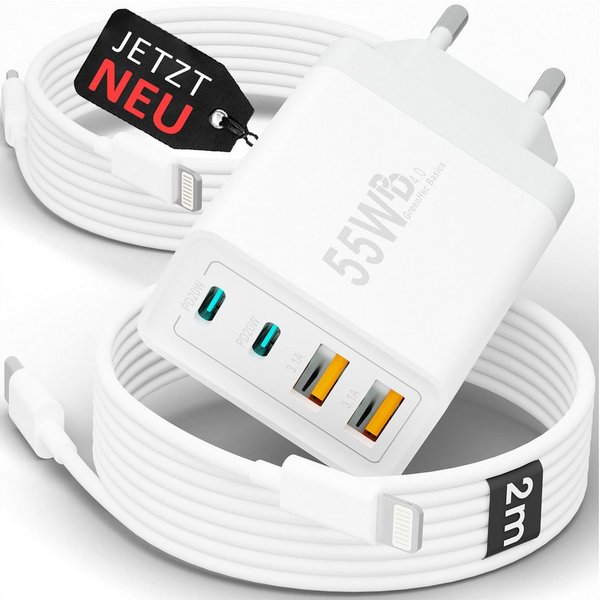 GreenHec Schnellladegerät USB-C iPhone mehrfach Handy Netzteil Adapter + Kabel Schnelllade-Gerät (50 mA, Spar-Set, 55w Quatro Charger + Lighting Kabel, iPhone 1