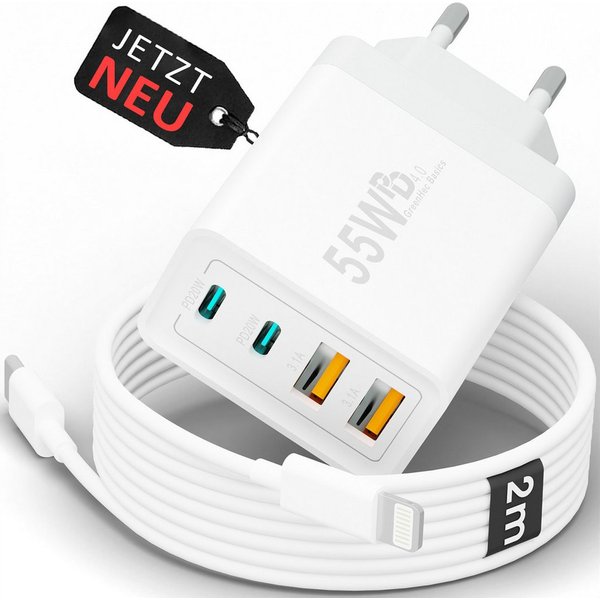 GreenHec Schnellladegerät USB-C iPhone mehrfach Handy Netzteil Adapter + Kabel Schnelllade-Gerät (50 mA, Spar-Set, 55w Quatro Charger + Lighting Kabel, iPhone 1