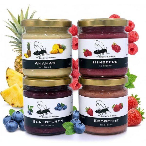 Grega´s Imkerei Honig 4er Fruchtbox - Früchte im Honig - Honigsüßer Brotaufstrich, 4 x 250 g, (Set, ideales Probier- & Geschenkset), 4x 250g (Erdbeere, Blaubeer