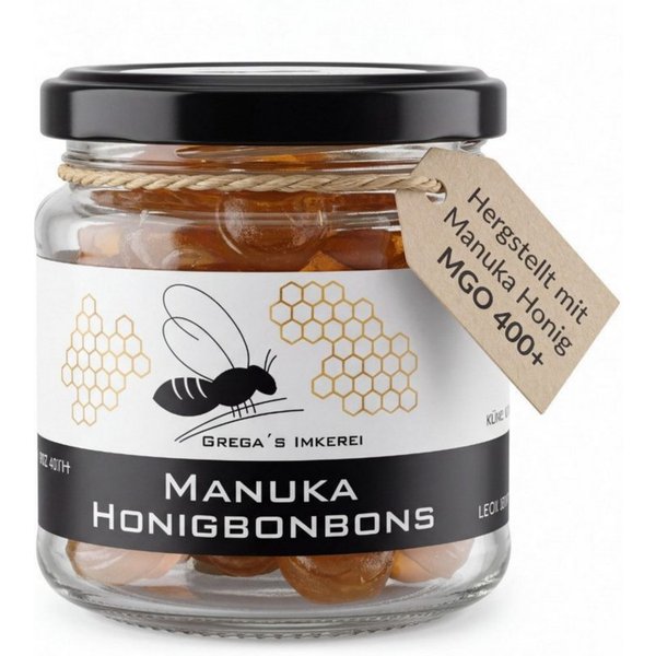Grega´s Imkerei Honig Bonbon mit Manuka Honig MGO 400+, 1 x 120 g, (im Glas, Ideal für unterwegs, als wohltuender Begleiter), mit Laborgeprüften Manuka Honig pe