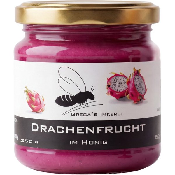 Grega´s Imkerei Honig Drachenfrucht im Honig, 1 x 250 g, (Nur zwei Zutaten Honig und Drachenfrucht mehr nicht), Cremiger exotischer pinker Honig-Brotaufstrich d