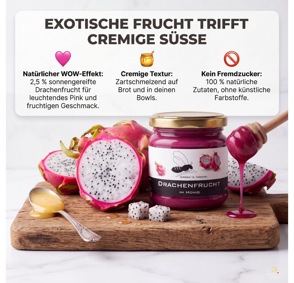 Grega´s Imkerei Honig Drachenfrucht im Honig, 1 x 250 g, (Nur zwei Zutaten Honig und Drachenfrucht mehr nicht), Cremiger exotischer pinker Honig-Brotaufstrich d – Bild 2 von 5