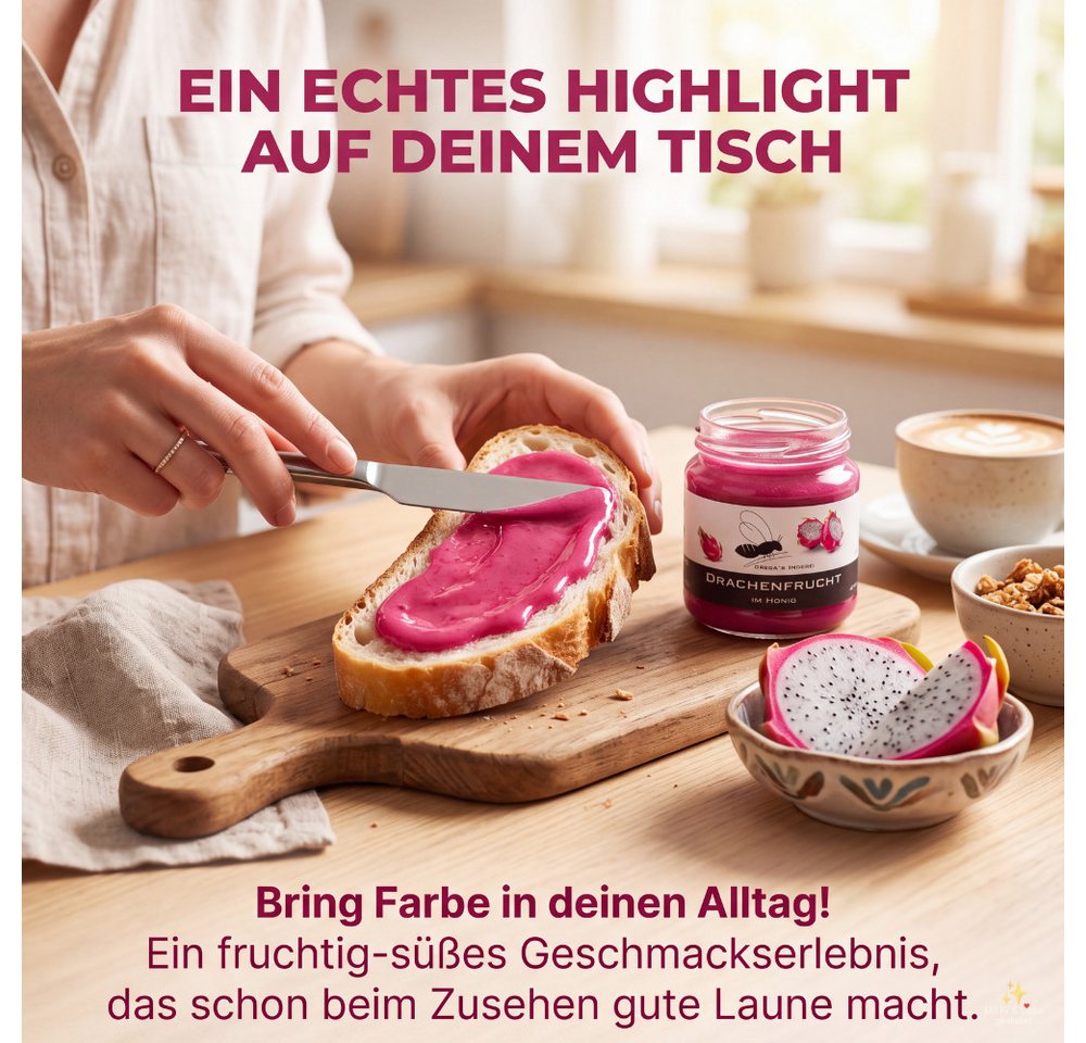 Grega´s Imkerei Honig Drachenfrucht im Honig, 1 x 250 g, (Nur zwei Zutaten Honig und Drachenfrucht mehr nicht), Cremiger exotischer pinker Honig-Brotaufstrich d – Bild 3 von 5
