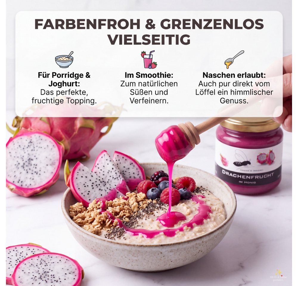 Grega´s Imkerei Honig Drachenfrucht im Honig, 1 x 250 g, (Nur zwei Zutaten Honig und Drachenfrucht mehr nicht), Cremiger exotischer pinker Honig-Brotaufstrich d – Bild 4 von 5