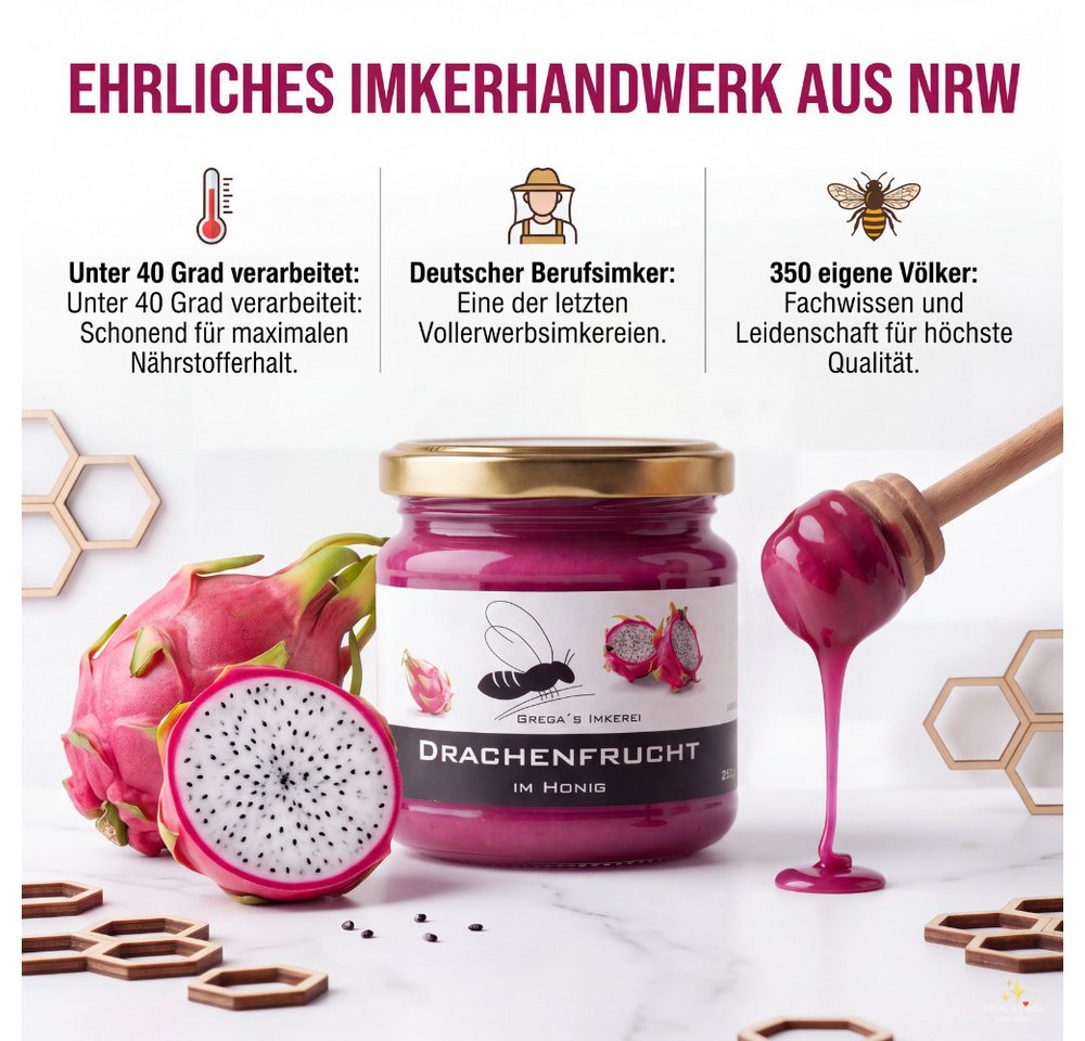 Grega´s Imkerei Honig Drachenfrucht im Honig, 1 x 250 g, (Nur zwei Zutaten Honig und Drachenfrucht mehr nicht), Cremiger exotischer pinker Honig-Brotaufstrich d – Bild 5 von 5
