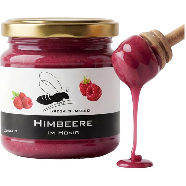 Grega´s Imkerei Honig Himbeere im Honig 250g, 1 x (Honig & mehr direkt vom Imker), Cremige Frucht Honig-Spezialität mit nur zwei natürlichen Zutaten