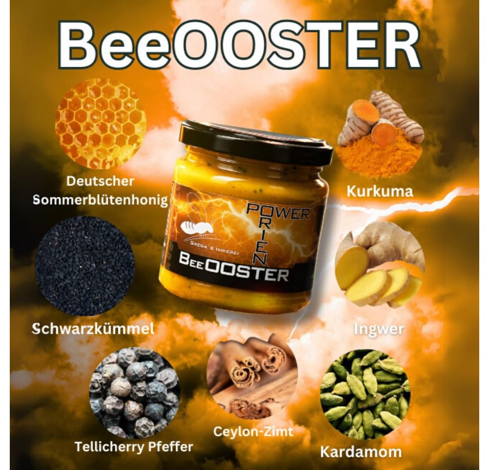 Grega´s Imkerei Honig Orient BeeOOSTER Power Honigzubereitung, 1 x 250 g, 1 St. (Glas, Honig mit Kurkuma, Schwarzkümmel, Zimt & Ingwer), Cremiger gewürzhonig au – Bild 2 von 5