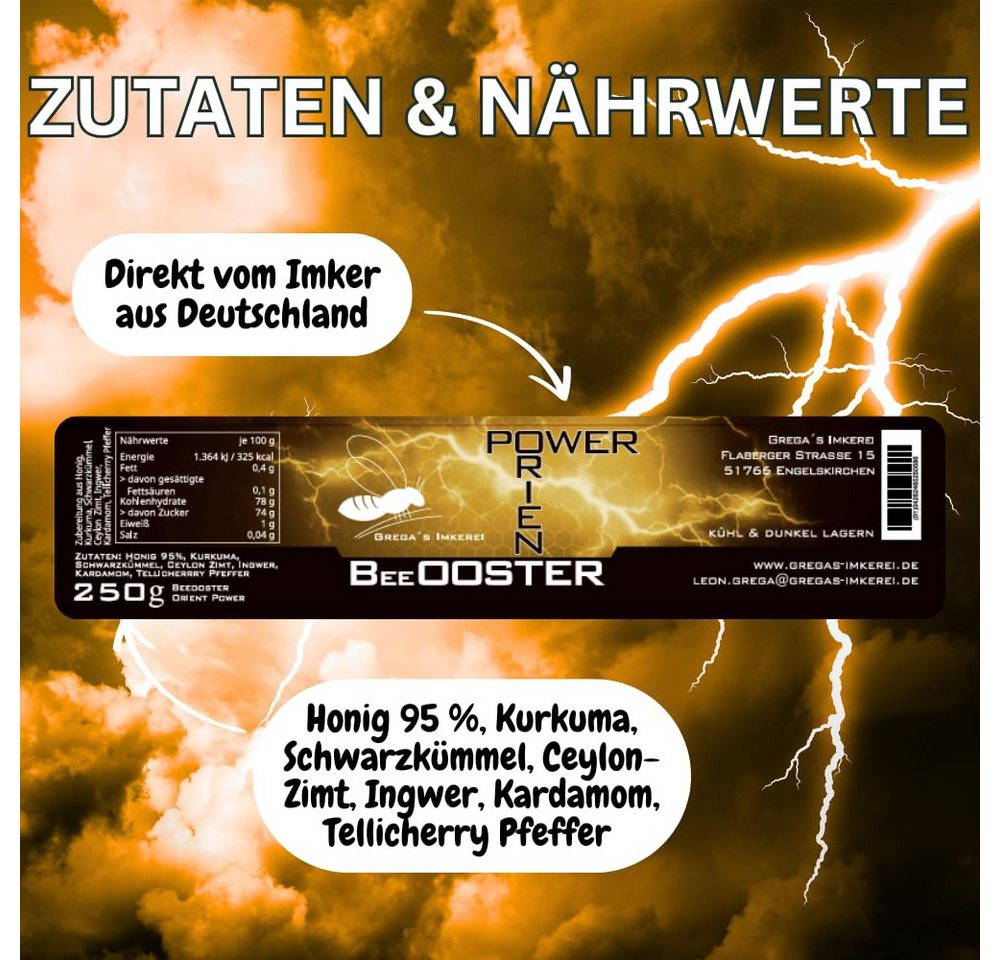 Grega´s Imkerei Honig Orient BeeOOSTER Power Honigzubereitung, 1 x 250 g, 1 St. (Glas, Honig mit Kurkuma, Schwarzkümmel, Zimt & Ingwer), Cremiger gewürzhonig au – Bild 4 von 5