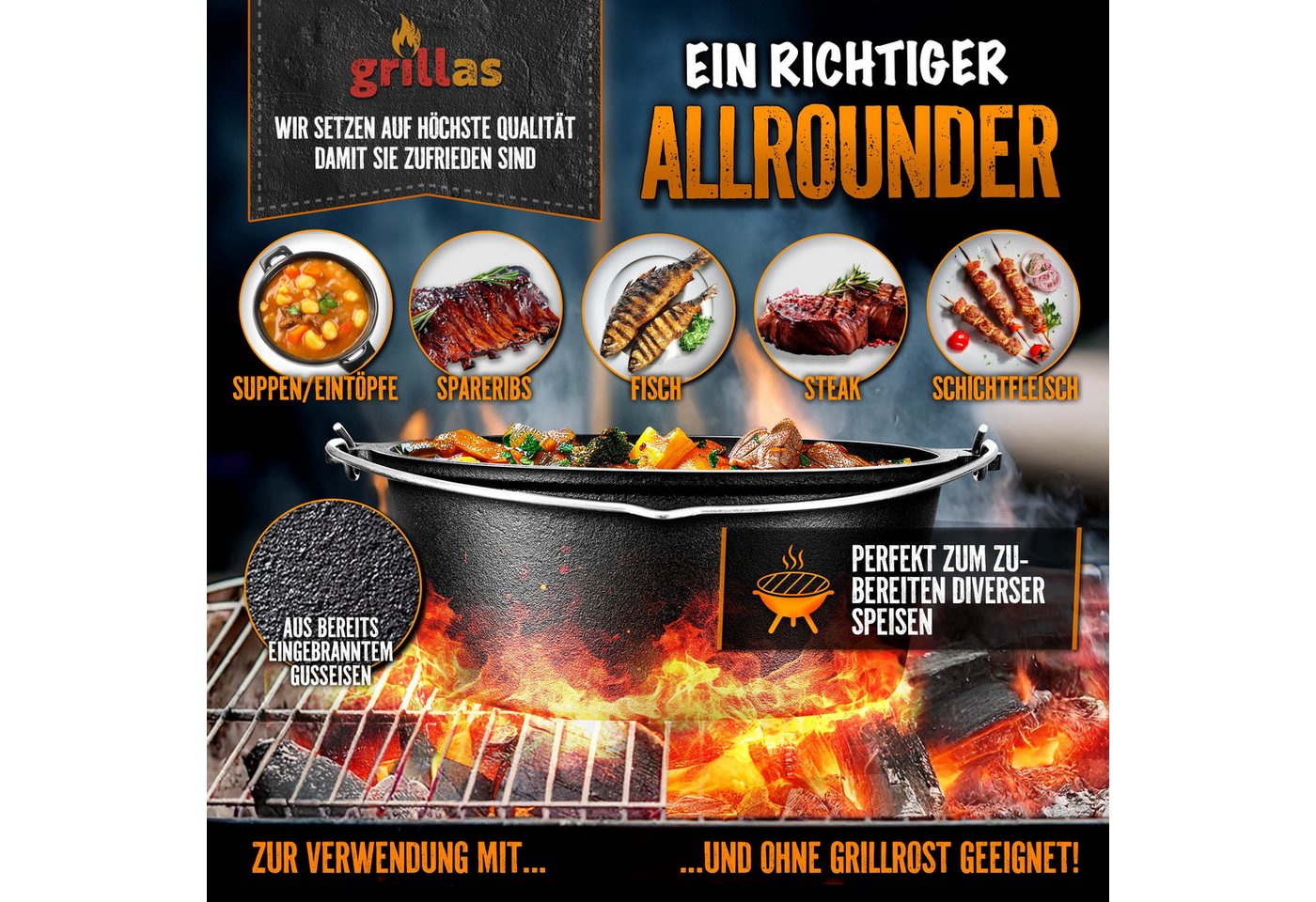 grillas Grilltopf grillas Dutch Oven Set mit Deckelheeber BBQ Gusseisen Feuertopf Gussto, Gusseisen (Dutch Oven Set, Feuerstelle), Henkel – Bild 2 von 5