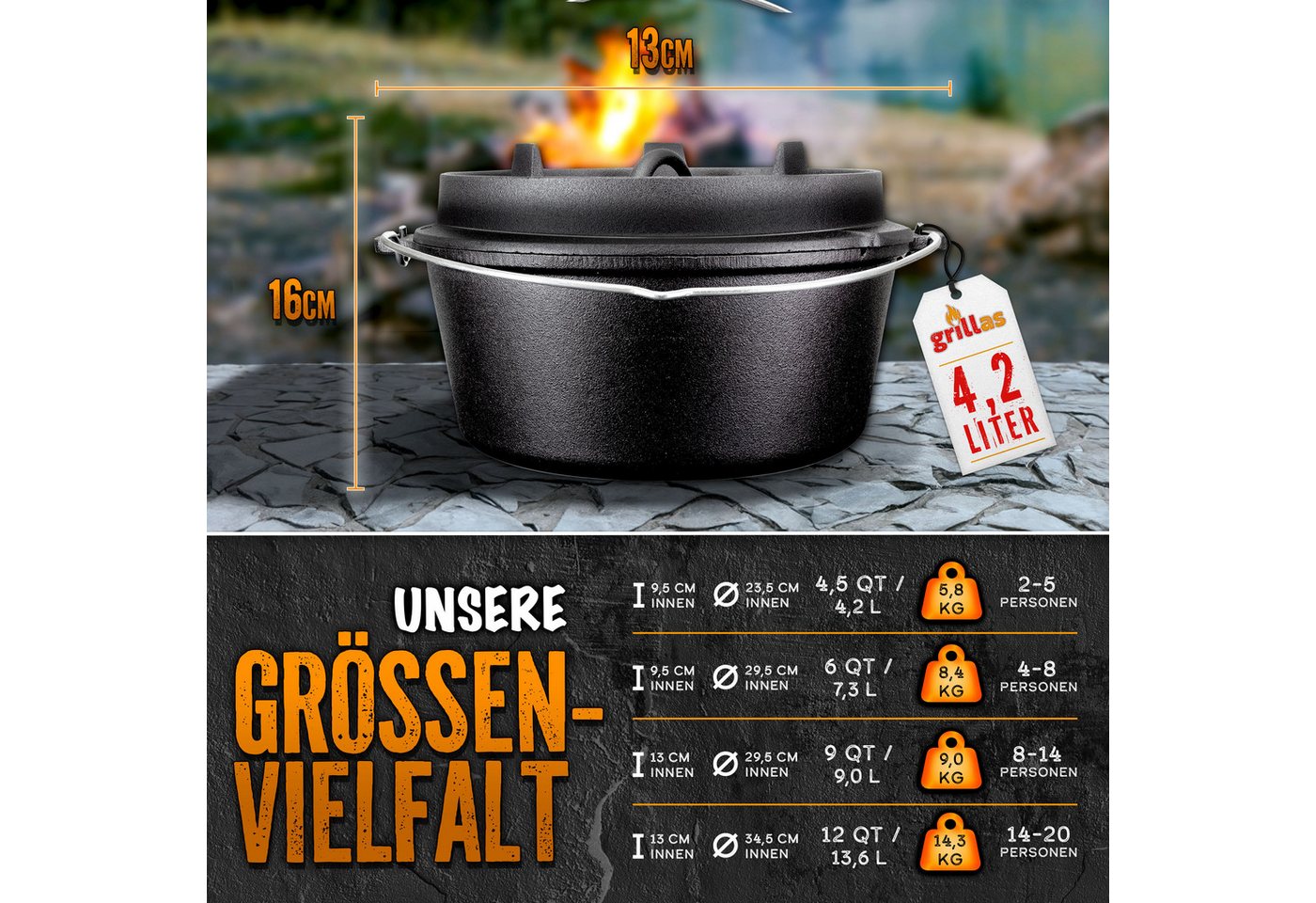 grillas Grilltopf grillas Dutch Oven Set mit Deckelheeber BBQ Gusseisen Feuertopf Gussto, Gusseisen (Dutch Oven Set, Feuerstelle), Henkel – Bild 3 von 5