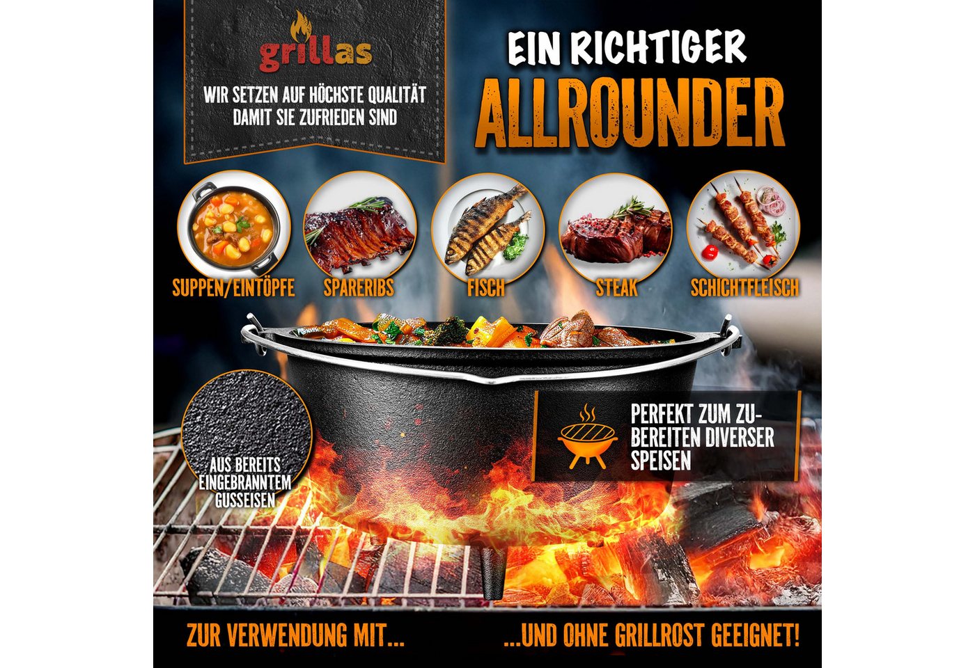 grillas Grilltopf grillas Dutch Oven Set mit Deckelheeber BBQ Gusseisen Feuertopf Gussto, Gusseisen (Dutch Oven Set, Feuerstelle), Henkel – Bild 2 von 5