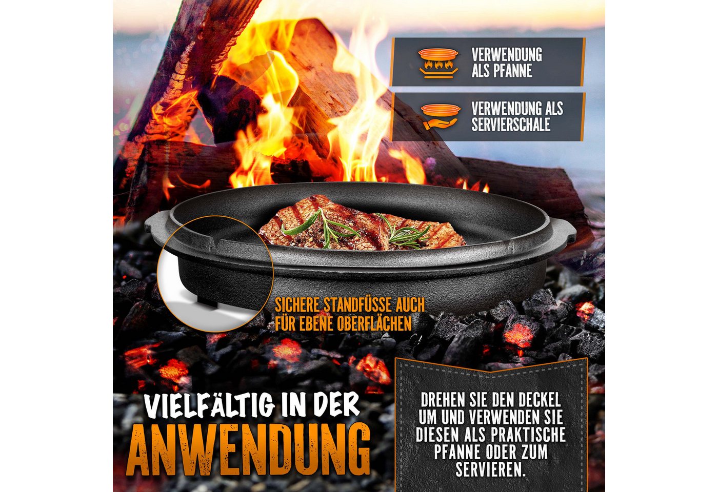 grillas Grilltopf grillas Dutch Oven Set mit Deckelheeber BBQ Gusseisen Feuertopf Gussto, Gusseisen (Dutch Oven Set, Feuerstelle), Henkel – Bild 4 von 5