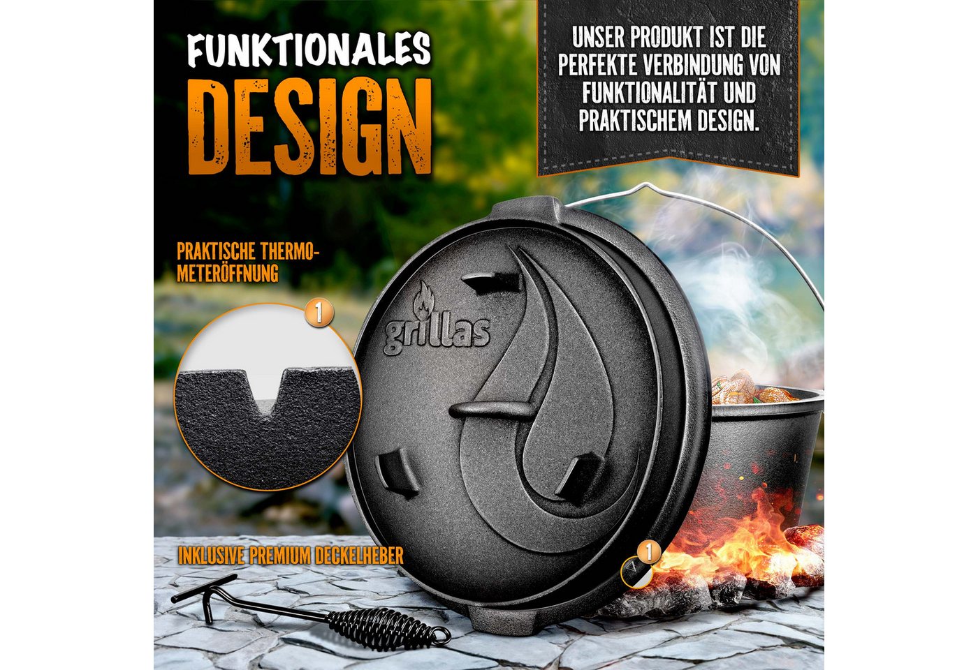 grillas Grilltopf grillas Dutch Oven Set mit Deckelheeber BBQ Gusseisen Feuertopf Gussto, Gusseisen (Dutch Oven Set, Feuerstelle), Henkel – Bild 5 von 5
