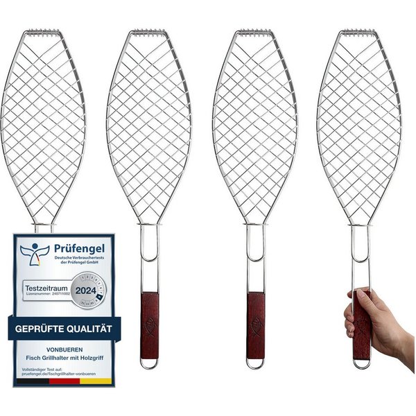 VonBueren Grillwender VonBueren Fisch-Grillhalter mit Holzgriff, 63x16 cm