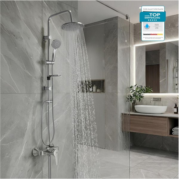 Grohe Duscharmatur BauEdge Mischbatterie Set mit Aloni Handbrause und Regendusche Chrom (Spar-Set) Chrom Duschset mit 1,5m Schlauch & Seifenhalter, mit Regendus