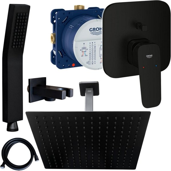 Grohe und Jowi Duscharmatur Cubeo Unterputz Mischer, Schwarz, Regendusche, Deckenanschluss (Unterputz-Duschsystem) Mattschwarz