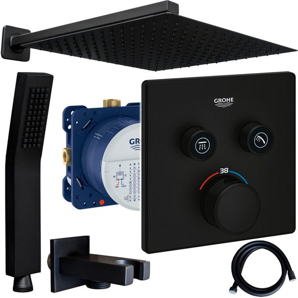 Grohe und Jowi Duscharmatur SmartControl Unterputz Thermostat, Schwarz, Regendusche, Kopfbrause (Unterputz-Duschsystem, Komplettset inkl. Thermostat) Mattschwar