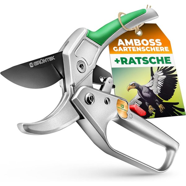 GRÜNTEK Gartenschere Amboss Strauchschere KONDOR 200 mm, automatisch zugeschaltete Ratsche, (Set, inkl. Ölschwamm und Schärfer), bis Ø24 mm, SK5 Klinge, Alumini
