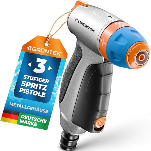GRÜNTEK Multifunktionsbrause Metall Gartenbrause verstellbar von Stechstrahl bis fein, mit 3 Düsen, (Sprühkopf), für Garten, Autowaschen und Zuhause, stoßfest u