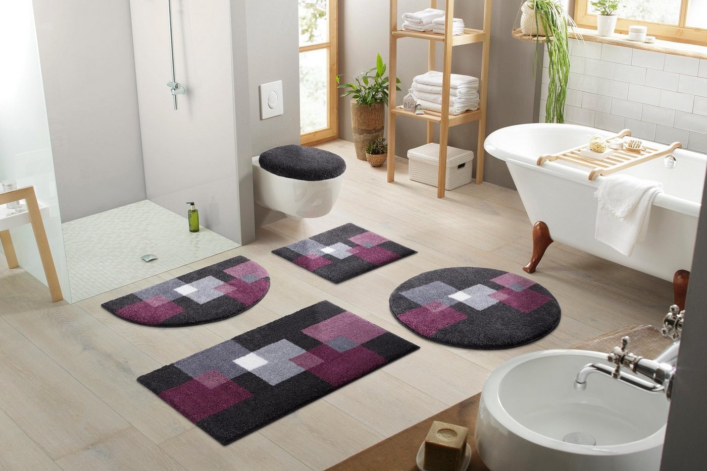 Grund Badematte Paxos, Höhe 20 mm, rutschhemmend beschichtet, strapazierfähig, fußbodenheizungsgeeignet, Polyacryl, rechteckig, 3-tlg. Hänge-WC Set, geometrisch – Bild 5 von 5