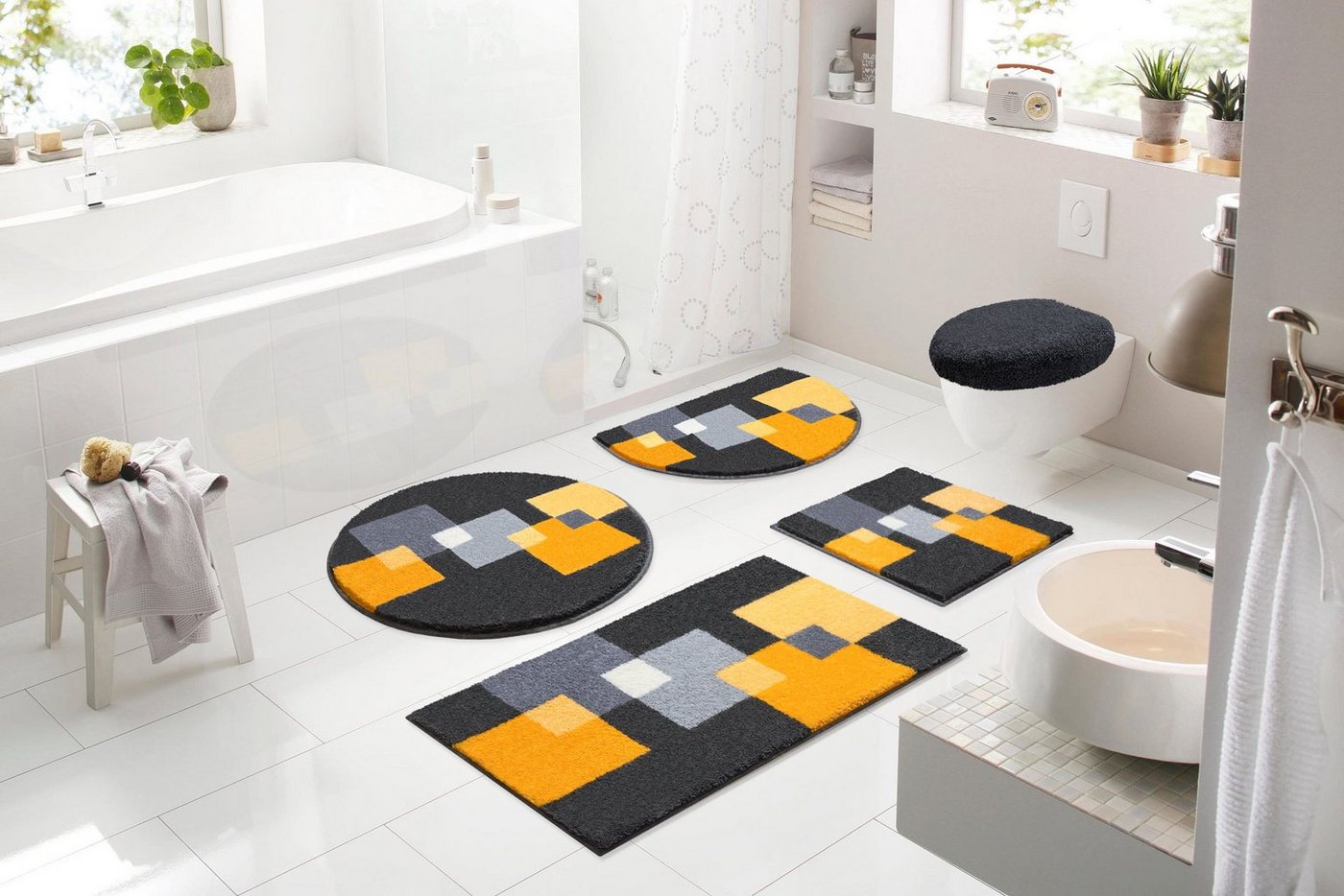 Grund Badematte Paxos, Höhe 20 mm, rutschhemmend beschichtet, strapazierfähig, fußbodenheizungsgeeignet, Polyacryl, rechteckig, 3-tlg. Stand-WC Set, geometrisch – Bild 4 von 5