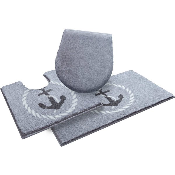 Grund Badematte Port Louis, Höhe 20 mm, rutschhemmend beschichtet, fußbodenheizungsgeeignet, Kunstfaser, rechteckig, 3-tlg. Stand-WC Set, Design mit Anker, mari