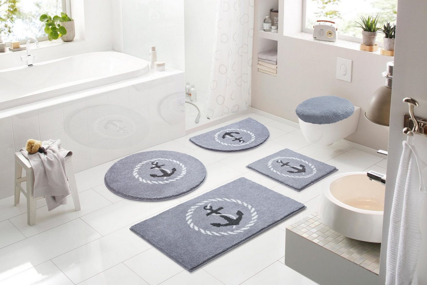 Grund Badematte Port Louis, Höhe 20 mm, rutschhemmend beschichtet, fußbodenheizungsgeeignet, Kunstfaser, rechteckig, 3-tlg. Stand-WC Set, Design mit Anker, mari – Bild 4 von 5