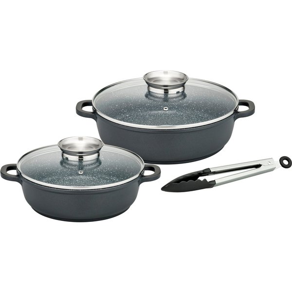 GSW Pfannen-Set Gourmet Granit, Aluminiumguss (Set, 5-tlg., 1x Servierpfanne mit Glasdeckel 24cm, 28cm, Servierzange), Aluminium-Guss, VITAFLON® GRANIT Antihaft