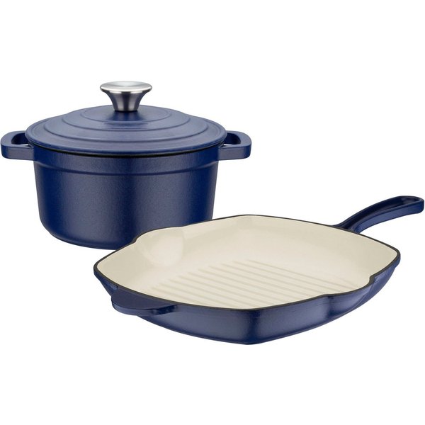 GSW Topf-Set Blue Magic, Gusseisen (Set, 3-tlg., 1x Kochtopf mit Deckel Ø 20 cm, 1x Grillpfanne 27 x 27 cm), Dunstzapfen im Deckel zum Garen im eigenen Saft, In