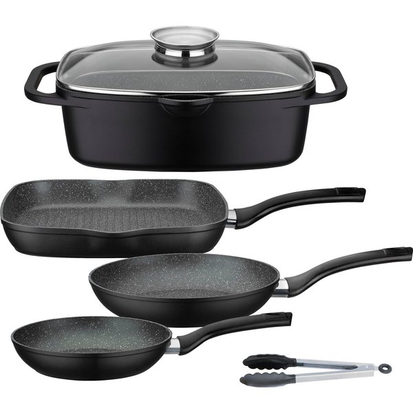 GSW Topf-Set Gourmet Granit, Aluminiumguss (Set, 5-tlg., 1 Bräter, 1 Grillpfanne Ø 28cm, je 1 Bratpfanne Ø 20/24cm, 1 Kochzange), Induktion