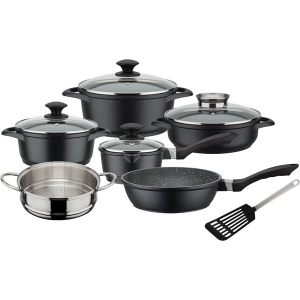 GSW Topf-Set Gourmet Granit, Aluminiumguss (Set, 11-tlg., Kochtopf 20/24, Stieltopf 16, 2 Pfannen 24cm, 1 Dämpfer, Pfannenwender), Induktion