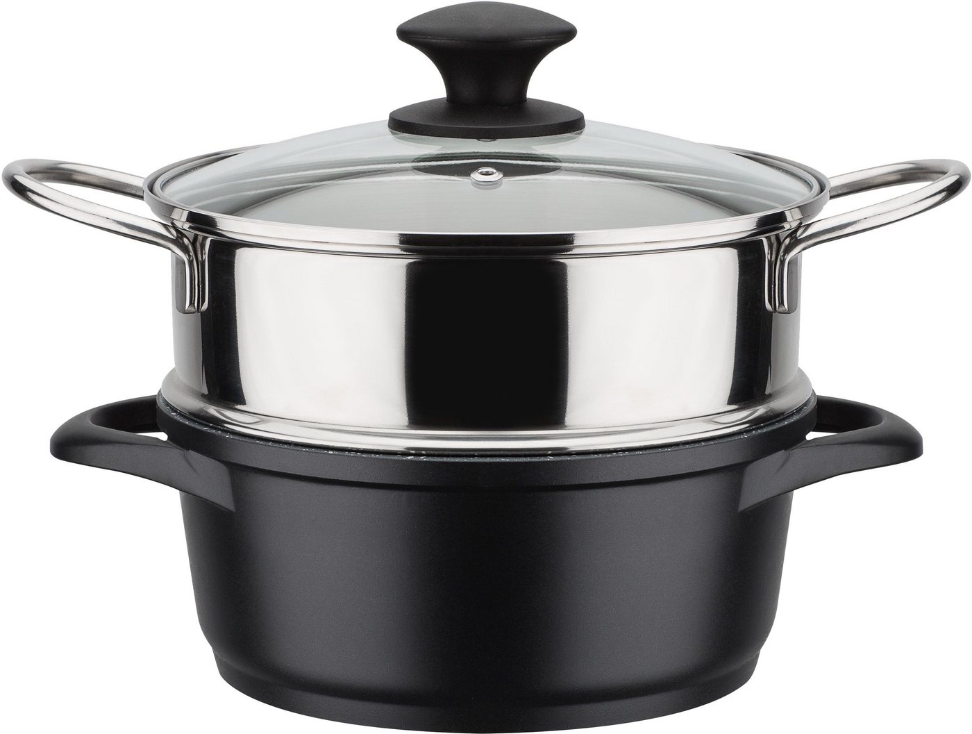 GSW Topf-Set Gourmet Granit, Aluminiumguss (Set, 11-tlg., Kochtopf 20/24, Stieltopf 16, 2 Pfannen 24cm, 1 Dämpfer, Pfannenwender), Induktion – Bild 2 von 5