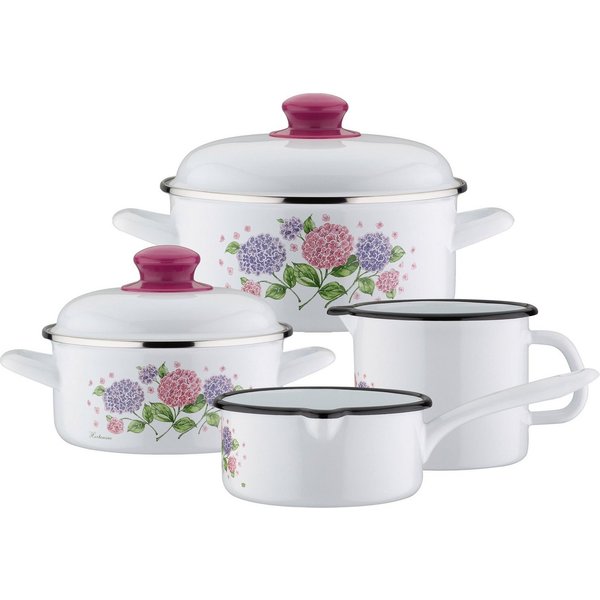 GSW Topf-Set Hortensie, Stahl-Emaille (Set, 6-tlg., je 1x Kochtopf Ø 16/20 cm, Stielkasserolle Ø 16 cm, Milchtopf Ø 12 cm), Induktion
