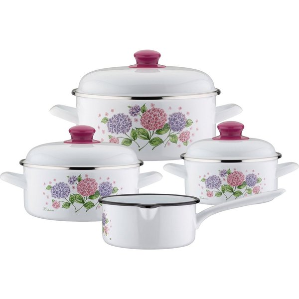 GSW Topf-Set Hortensie, Stahl-Emaille (Set, 7-tlg., je 1 Kochtopf Ø 16/20/24 cm, 1x Stielkasserolle Ø 16 cm), Induktion