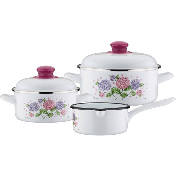 GSW Topf-Set Hortensie, Stahl-Emaille (Set, 5-tlg., 1x Kochtopf Ø 16 cm, 1x Kochtopf Ø 20 cm, 1x Stielkasserolle Ø 16 cm), Induktion