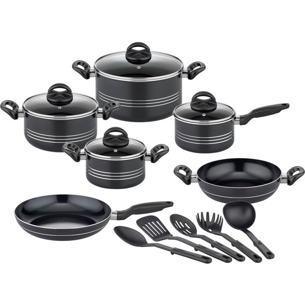 GSW Topf-Set Milano, inkl. 5-teiliges Küchenhelfer-Set, Aluminium, Kunststoff (Set, 15-tlg., je 1 Kochtopf 16/20/24cm, 1 Stielkasserolle 16cm, je 1 Pfanne 24/28