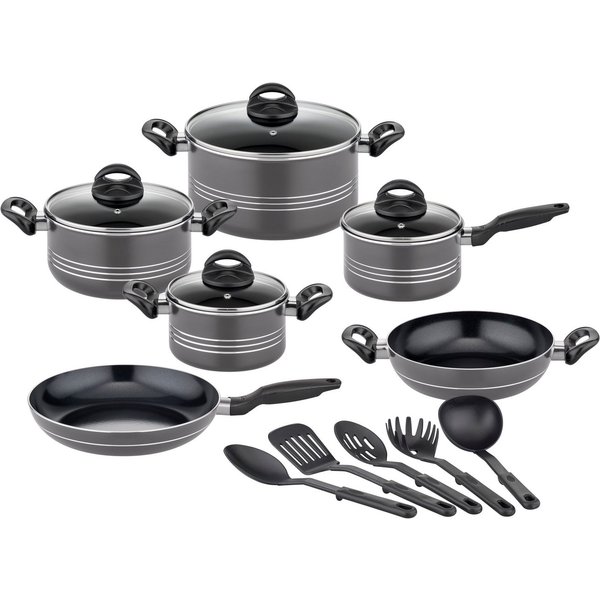 GSW Topf-Set Milano, inkl. 5-teiliges Küchenhelfer-Set, Aluminium, Kunststoff (Set, 15-tlg., je 1 Kochtopf 16/20/24cm, 1 Stielkasserolle 16cm, je 1 Pfanne 24/28