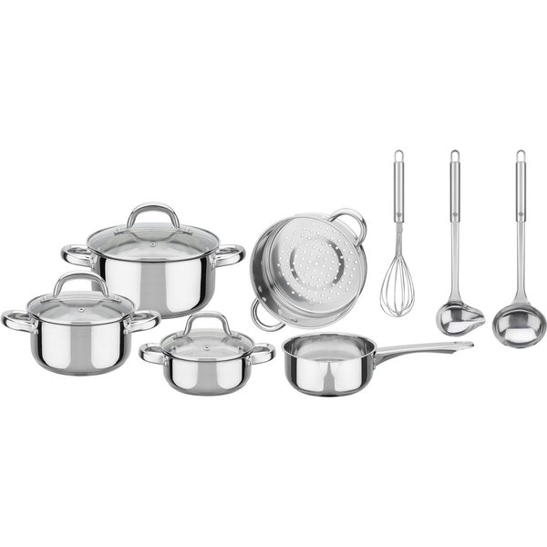 GSW Topf-Set Montreal, Edelstahl (Set, 11-tlg., je 1 Kochtopf 14/16/20 cm, 1 Stieltopf 14 cm), Kaltmetall-Griffe, Glasdeckel, inkl. Kochutensilien, Induktion