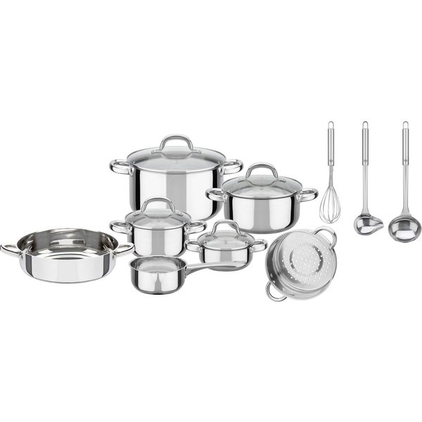 GSW Topf-Set Montreal, Edelstahl (Set, 14-tlg., Kochtopf 14/16/20/24 cm, Stielkasserolle 14 cm, Pfanne 24 cm, Einsatz), Induktion