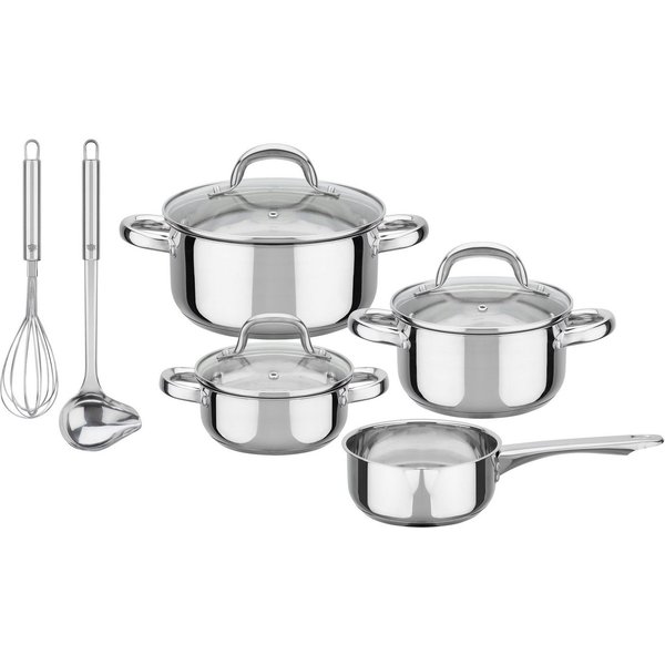 GSW Topf-Set Montreal, Edelstahl (Set, 9-tlg., je 1 Kochtopf 14/16/20 cm, 1 Stieltopf 14 cm), inkl. aller Kochutensilien die eine Haushaltsküche benötigt, Induk