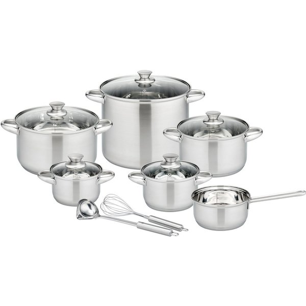 GSW Topf-Set Rigo, Edelstahl (Set, 13-tlg., Kochtopf 14/16/20/24 cm, 1 Stielkasserolle 16 cm, Gemüsetopf 26 cm), Literskala, Induktion, inkl. Küchenhelfer