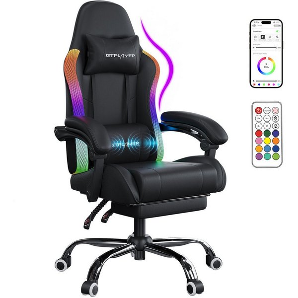 GTPLAYER Gaming-Stuhl Bürostuhl, Gaming Chair mit LED und Massgefunktion, Gamer Stuhl Gaming Chair mit Fernbedienung bis 150KG