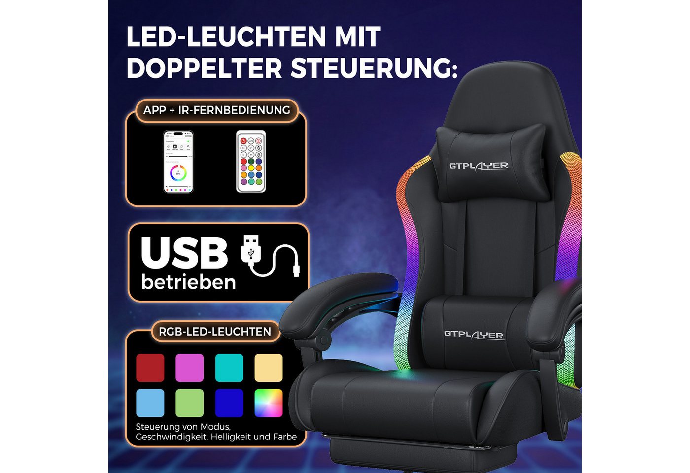 GTPLAYER Gaming-Stuhl Bürostuhl, Gaming Chair mit LED und Massgefunktion, Gamer Stuhl Gaming Chair mit Fernbedienung bis 150KG – Bild 2 von 5
