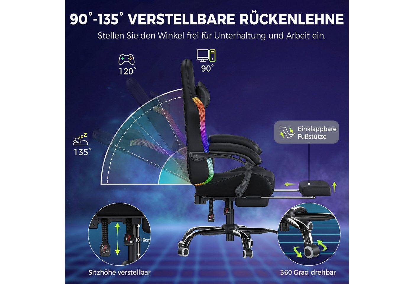 GTPLAYER Gaming-Stuhl Bürostuhl, Gaming Chair mit LED und Massgefunktion, Gamer Stuhl Gaming Chair mit Fernbedienung bis 150KG – Bild 5 von 5