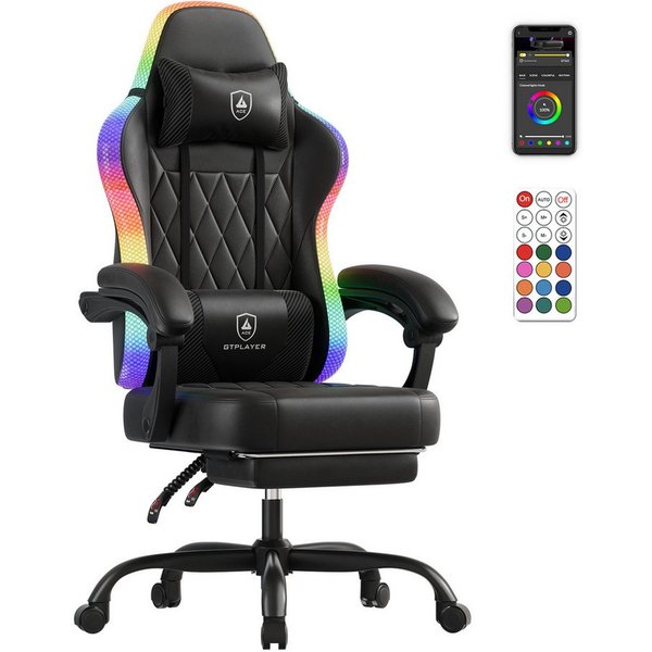 GTPLAYER Gaming-Stuhl Bürostuhl Gaming Chair mit LED Lichtleiste, Gamer Stuhl, Rückenlehne mit Aufbewahrungstasche PC Stuhl mit Fernbedienung