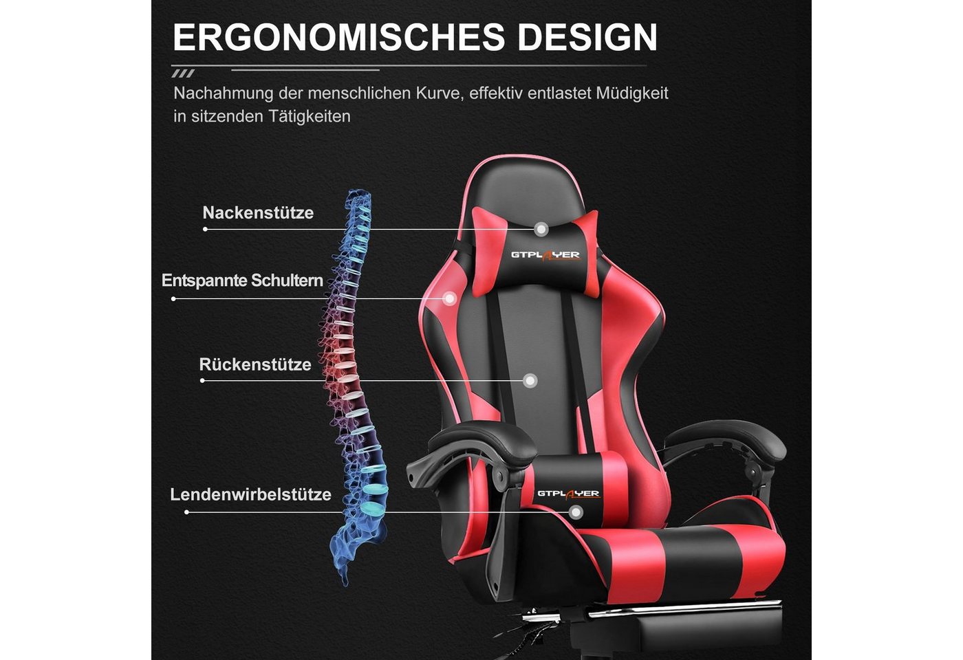 GTPLAYER Gaming-Stuhl Bürostuhl mit Massagefunktion, Fußstütze, Kopfstütze (Packung), Ergonomischer Gamer Stuhl Maximale Belastung 150 kg, 360° drehbar – Bild 3 von 5